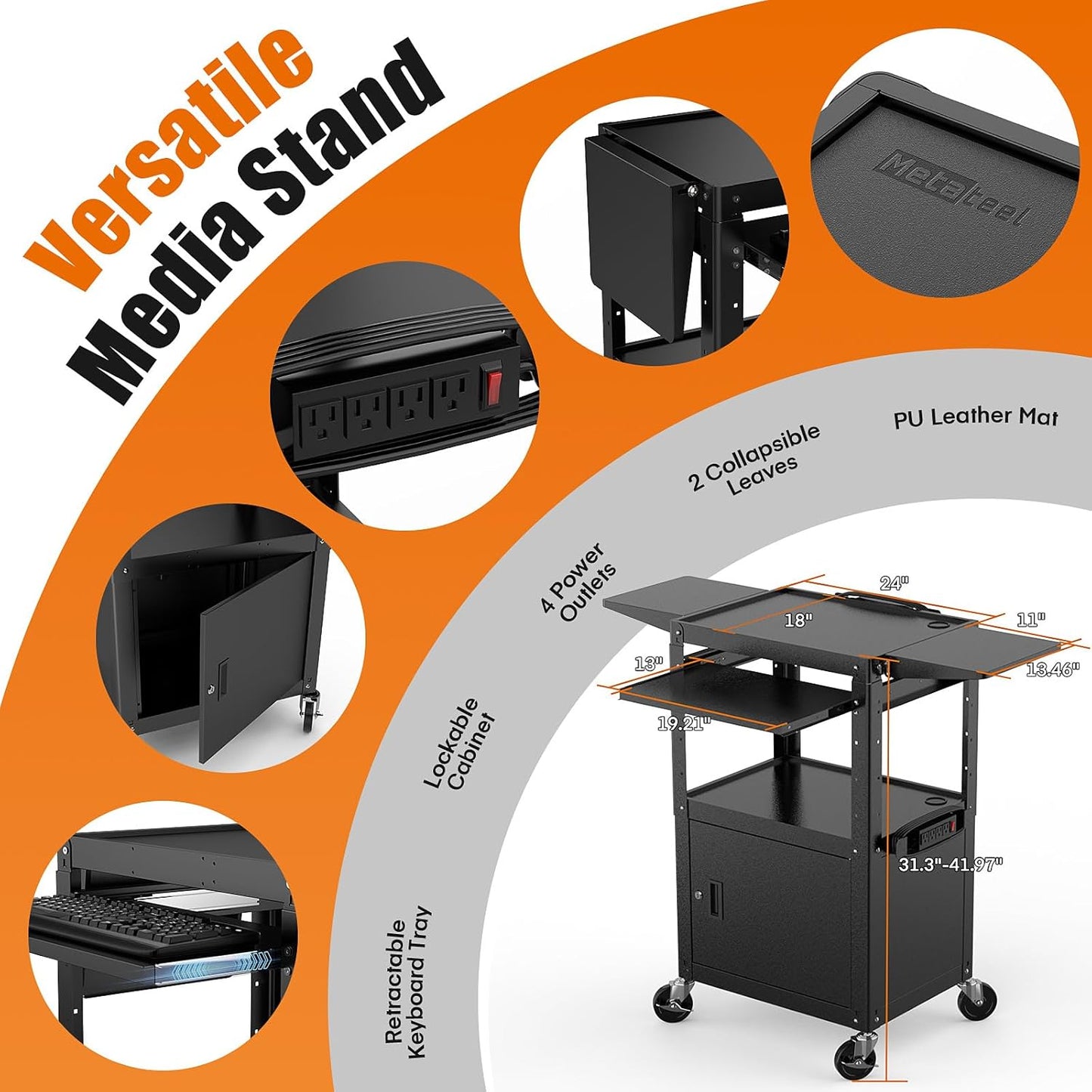 Heavy Duty Steel AV Cart – Lockable Storage, Folding Shelves, Adjustable Height, Wheels