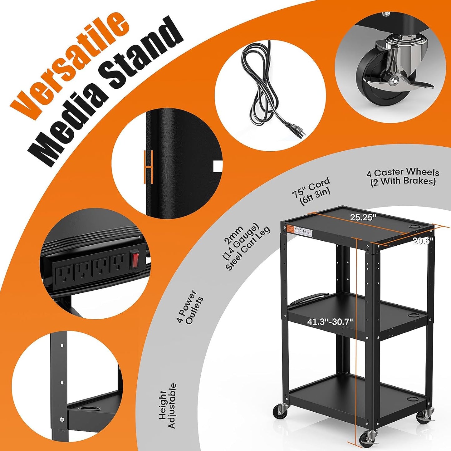 3-Shelf Steel Utility Cart – Mobile AV & Presentation Cart with Power Strip