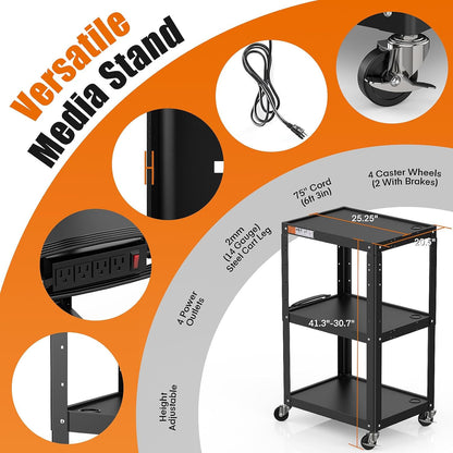 3-Shelf Steel Utility Cart – Mobile AV & Presentation Cart with Power Strip