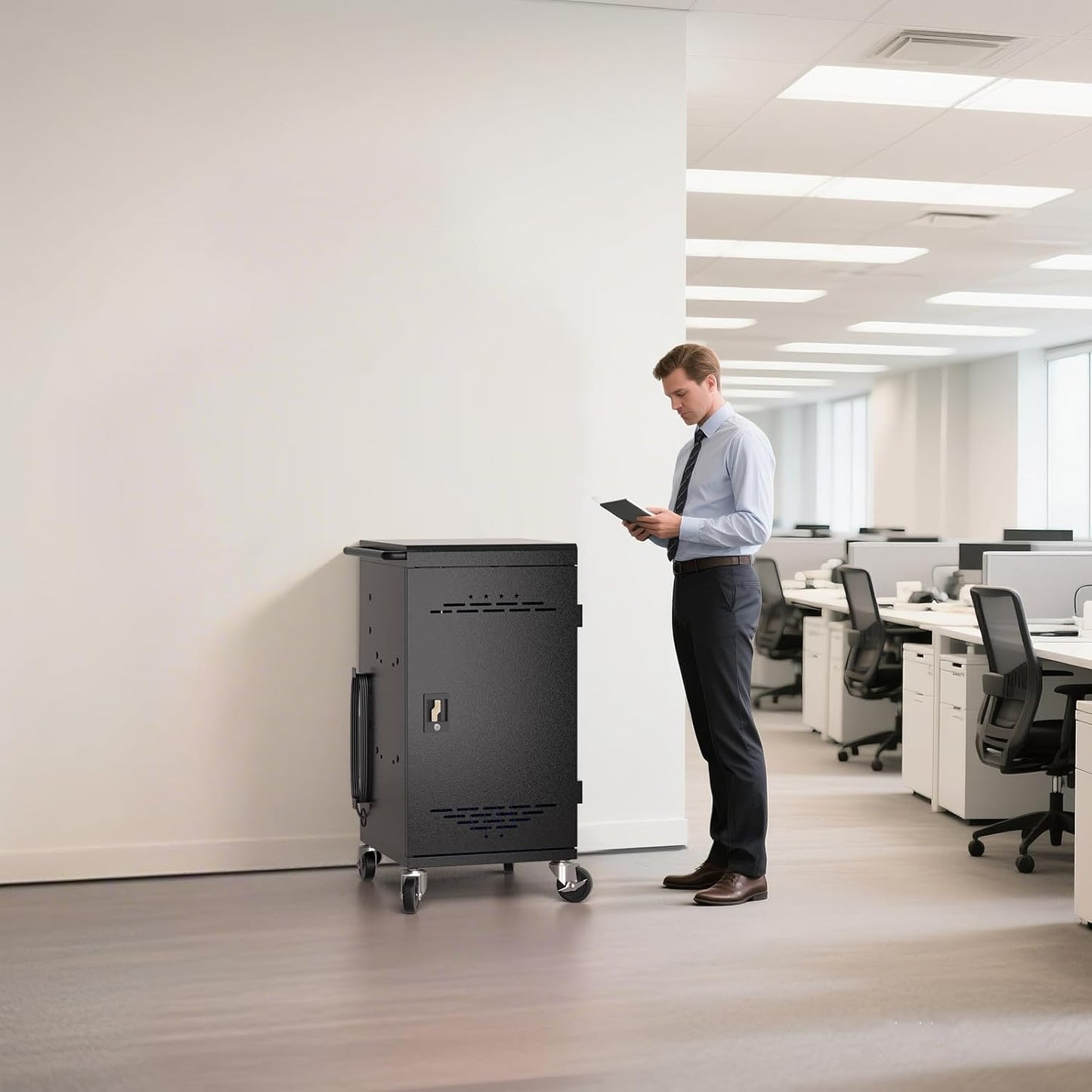 M-C30A-H - 30-Device Charging Station for Chromebooks, iPads, and 14'' Laptops – Mobile Charging Cart with Cable Management, Circuit Breaker, Grounding Protection, and Assembly Required