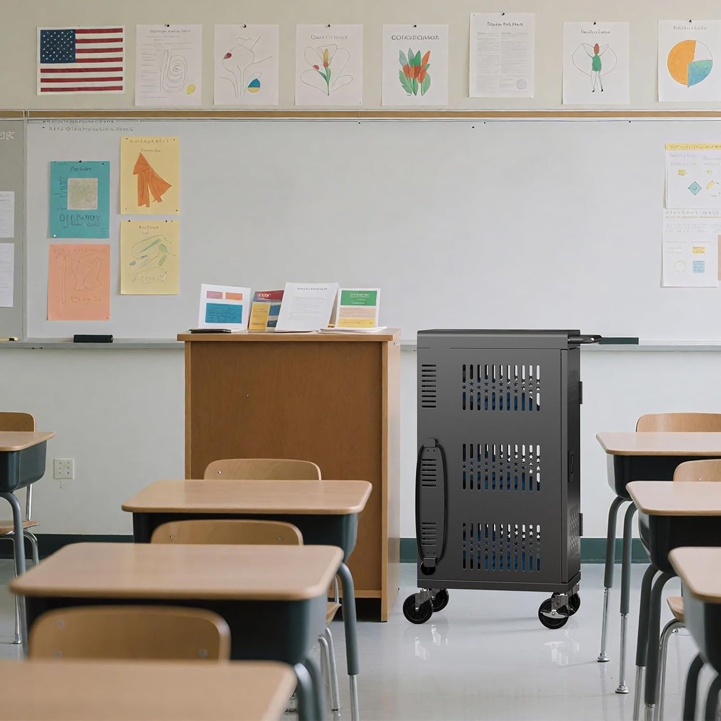 M-C18-H - Fully Assembled 18 Bay Heavy-Duty Metal Mobile Charging and Storage Cart for iPad,Chromebook and Laptop Computer Up to 14-inch Screen Size with Key Locks, Charger and Cable Organization,Black