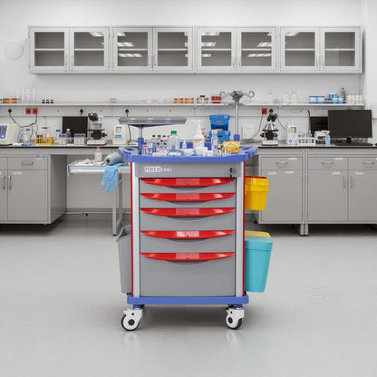 Emergency Crash Cart with IV Pole, Cardiac Board, O2 Holder & Drawers – Hospital Medical Cart