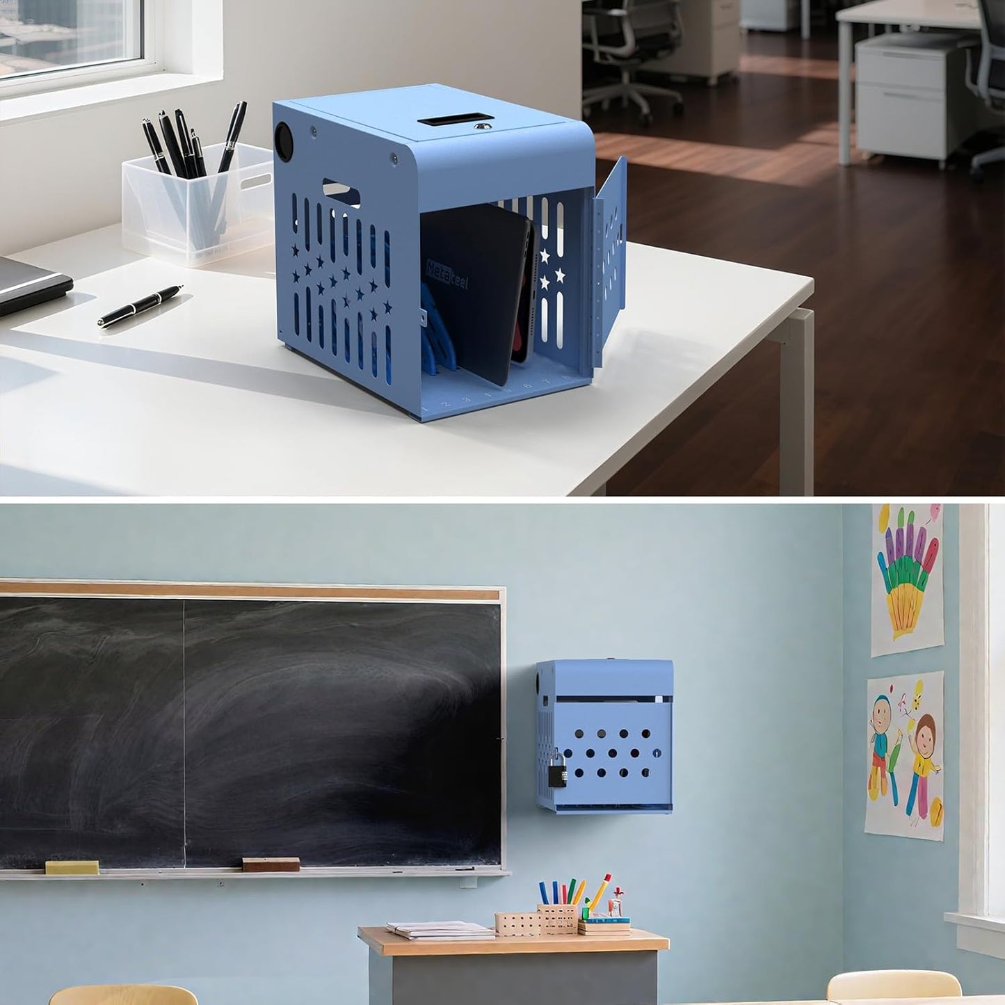 M-C8-B - 8 Tablet Charging Station Lock Box - Fits 14" Screen, Steel Case & Lockable Door, & 2 Keys Included - For Chromebook, Laptop,and Tablets - Ideal for Offices, Classrooms, & Hospitals (Blue)