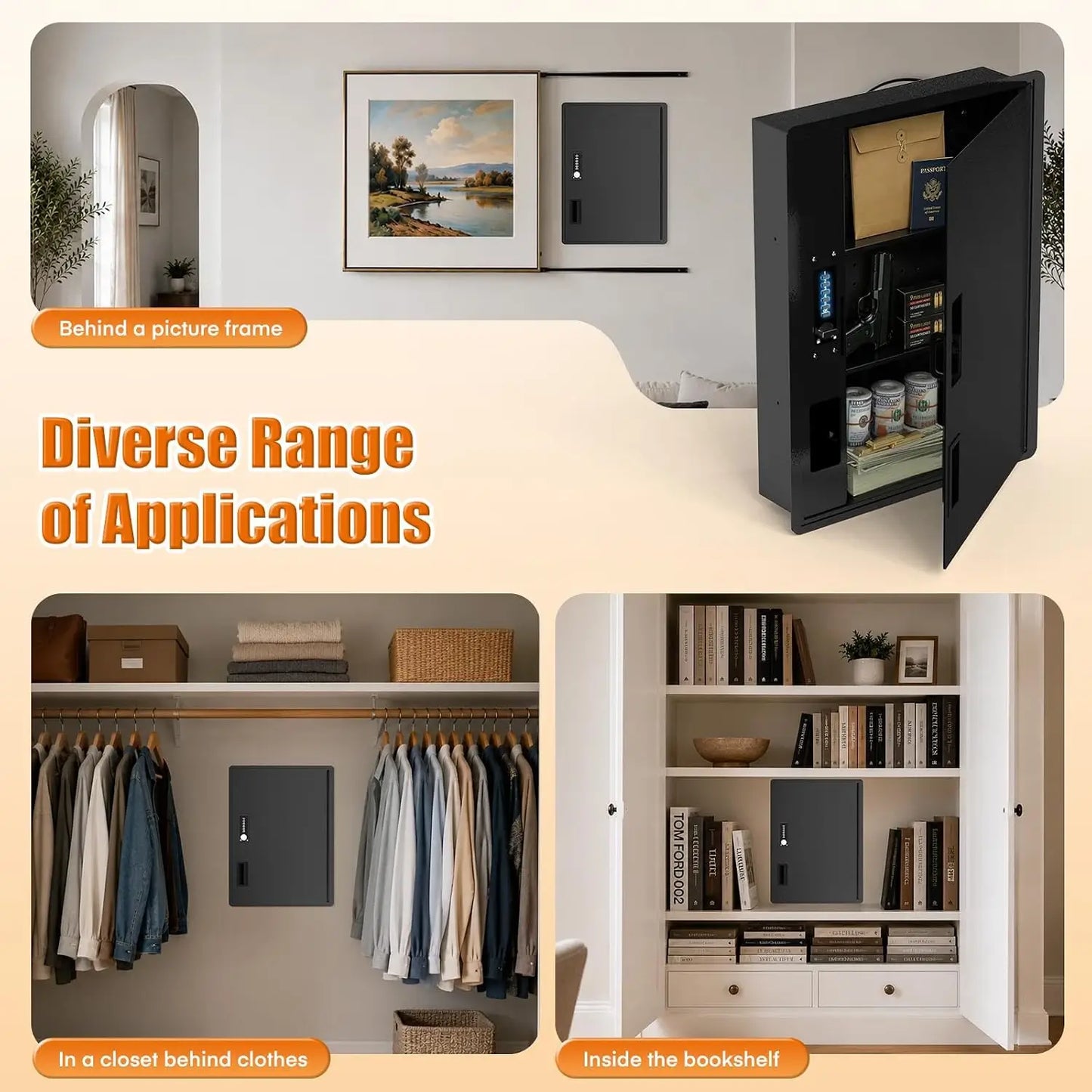 Large Black Hidden Wall Safe Between 16" Studs with Digital Keypad & Backup Keys