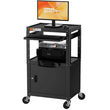 Steel AV Cart with Locking Cabinet, Adjustable Height, and Storage – 300 lbs Capacity