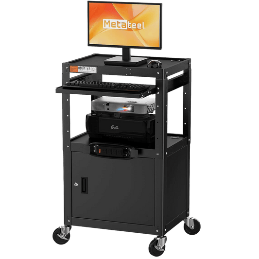 Steel AV Cart with Locking Cabinet, Adjustable Height, and Storage – 300 lbs Capacity