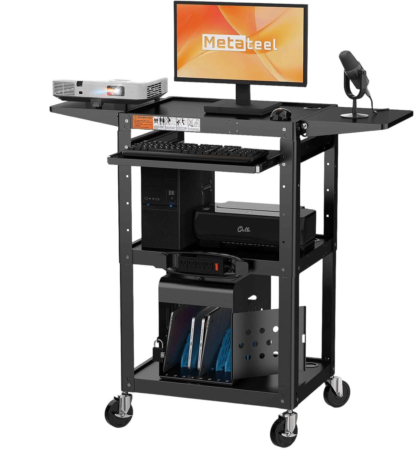 All-Steel Rolling AV Cart – Adjustable Height, Built-in Power, Drop-Leaf Shelves, Wheels