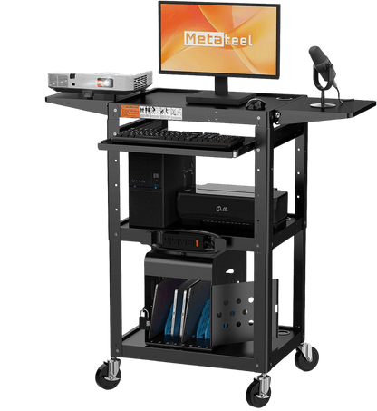 All-Steel Rolling AV Cart – Adjustable Height, Built-in Power, Drop-Leaf Shelves, Wheels