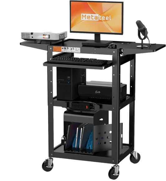 All-Steel Rolling AV Cart – Adjustable Height, Built-in Power, Drop-Leaf Shelves, Wheels