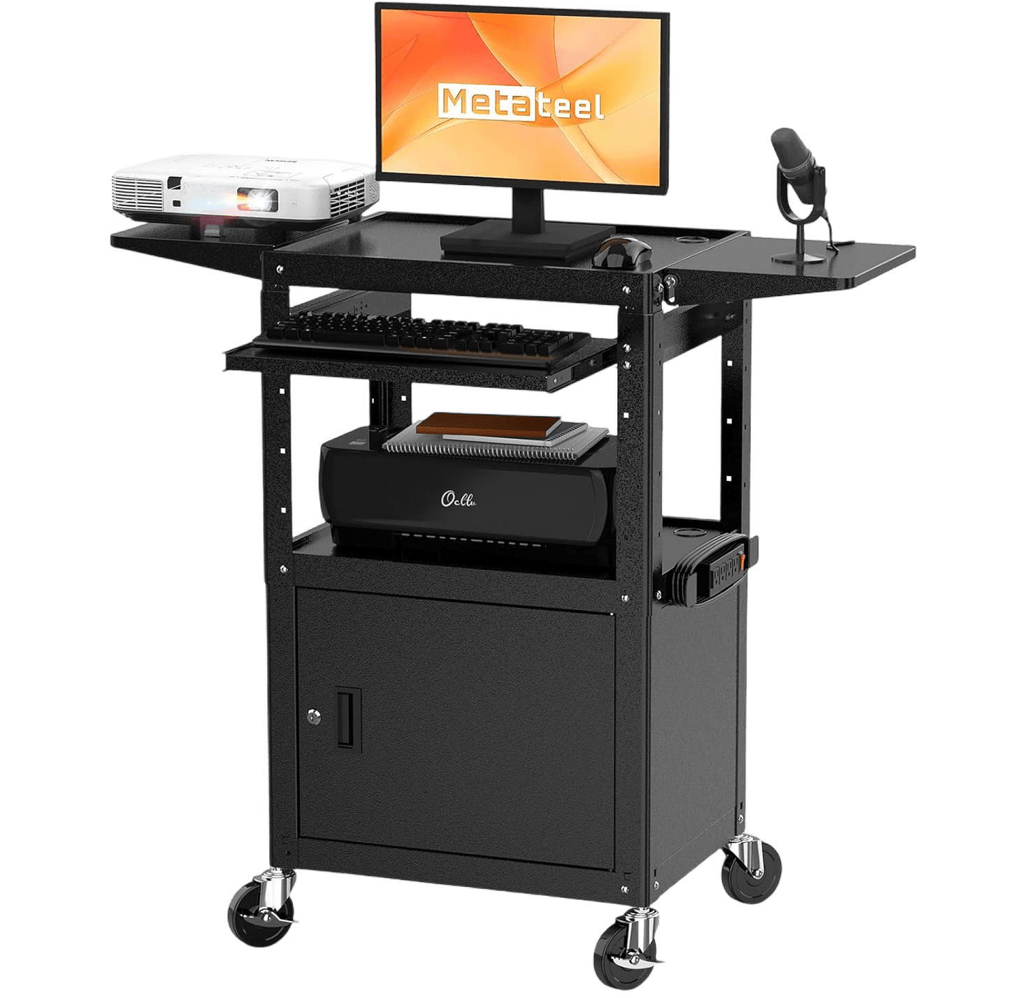 Heavy Duty Steel AV Cart – Lockable Storage, Folding Shelves, Adjustable Height, Wheels