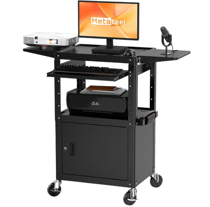 Heavy Duty Steel AV Cart – Lockable Storage, Folding Shelves, Adjustable Height, Wheels
