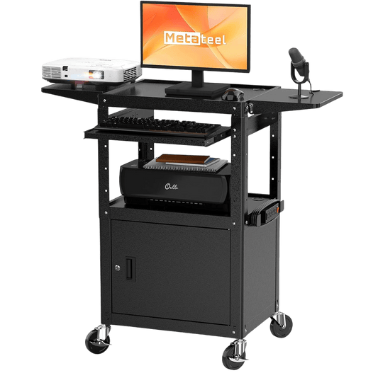 Heavy Duty Steel AV Cart – Lockable Storage, Folding Shelves, Adjustable Height, Wheels