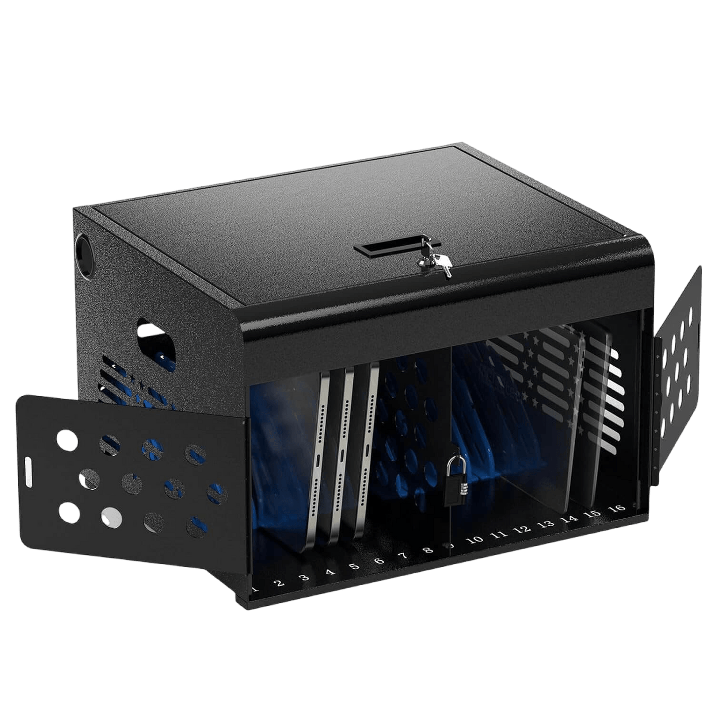 16-Devices Locking Charging Station – Metal Cart for Laptops & Tablets, Cable Organization