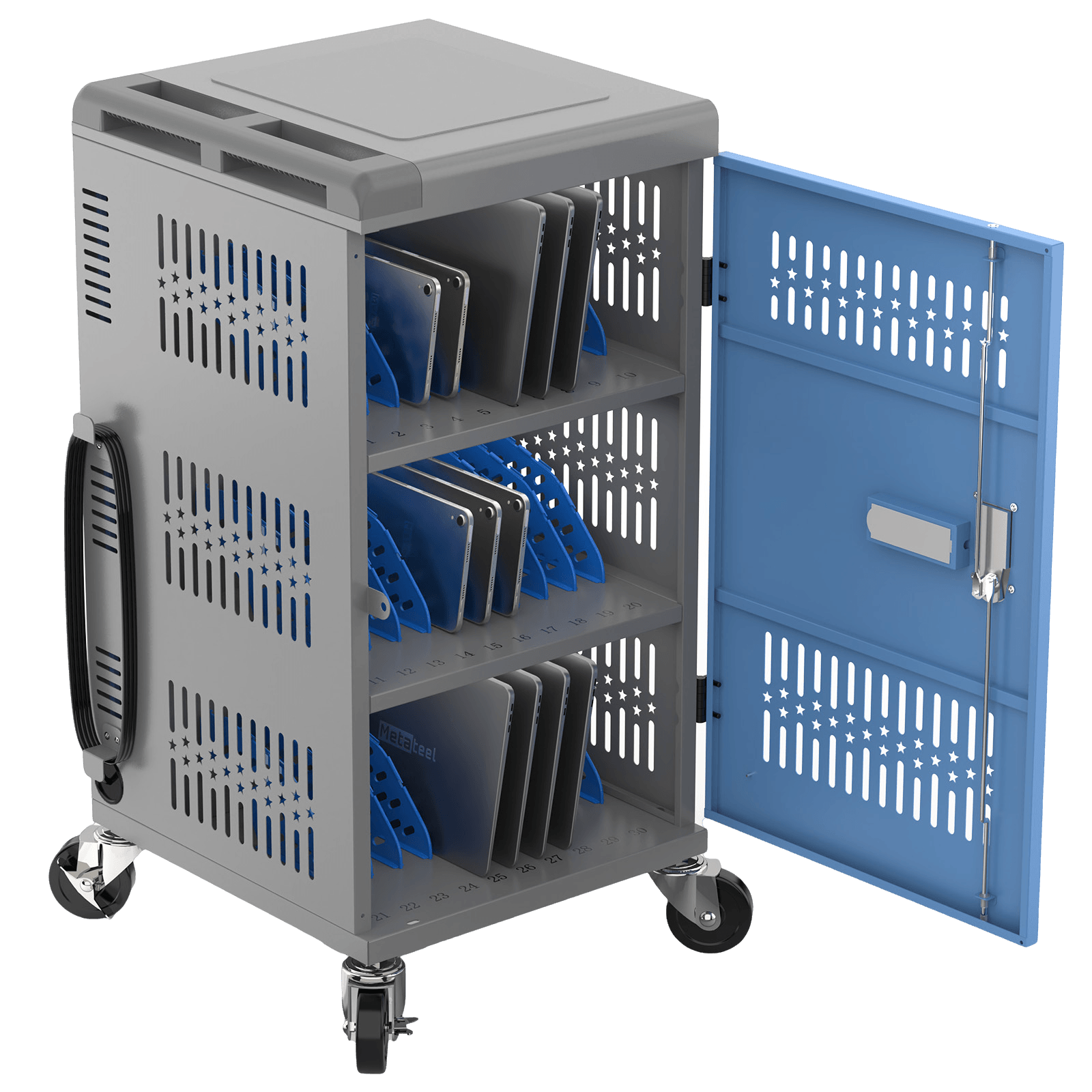 MetaTeel 30-bay fully assembled charging cart with keypad lock