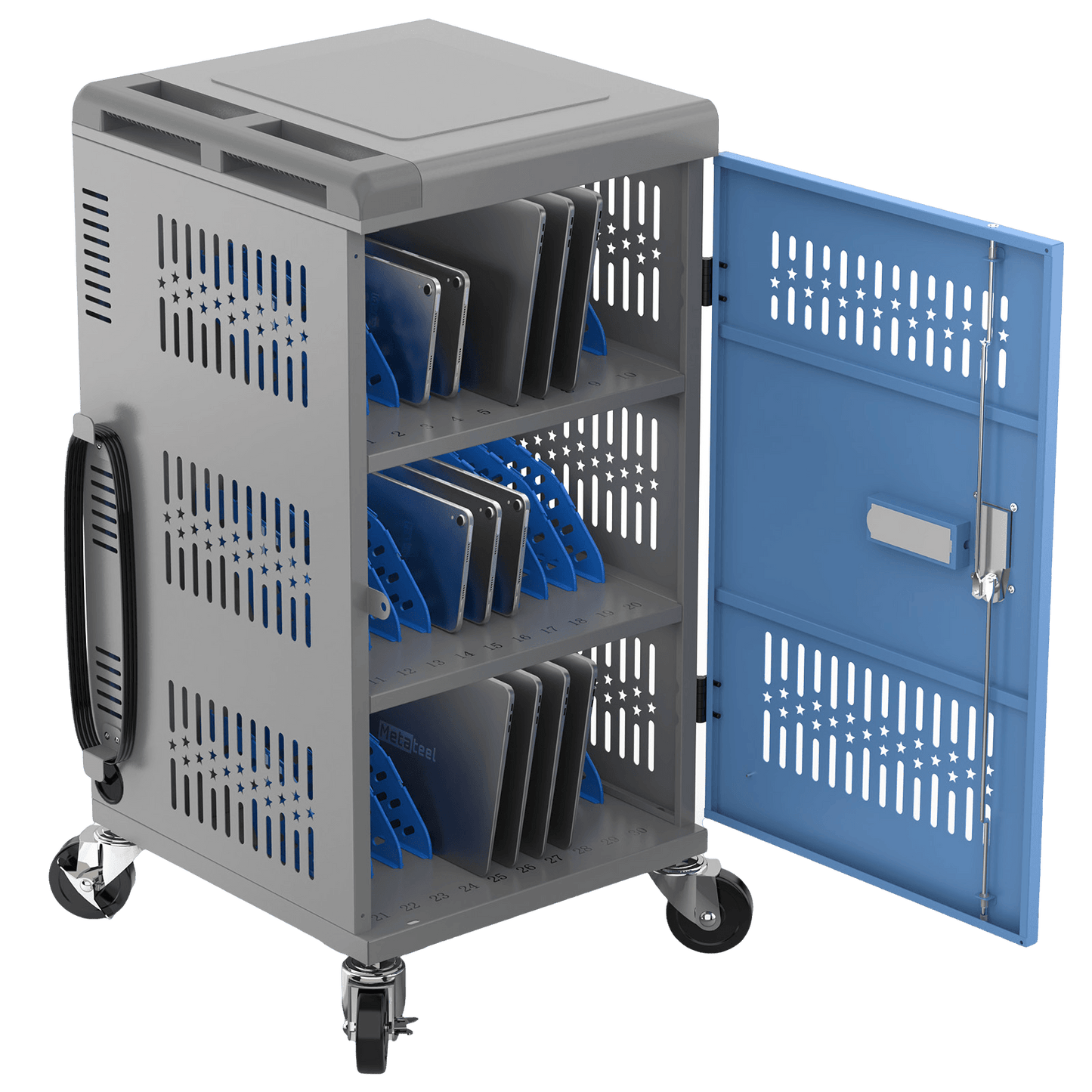 30-Bay Mobile Charging Cart – Fully Assembled, Keypad Lock, Surge Protection, Dual Access