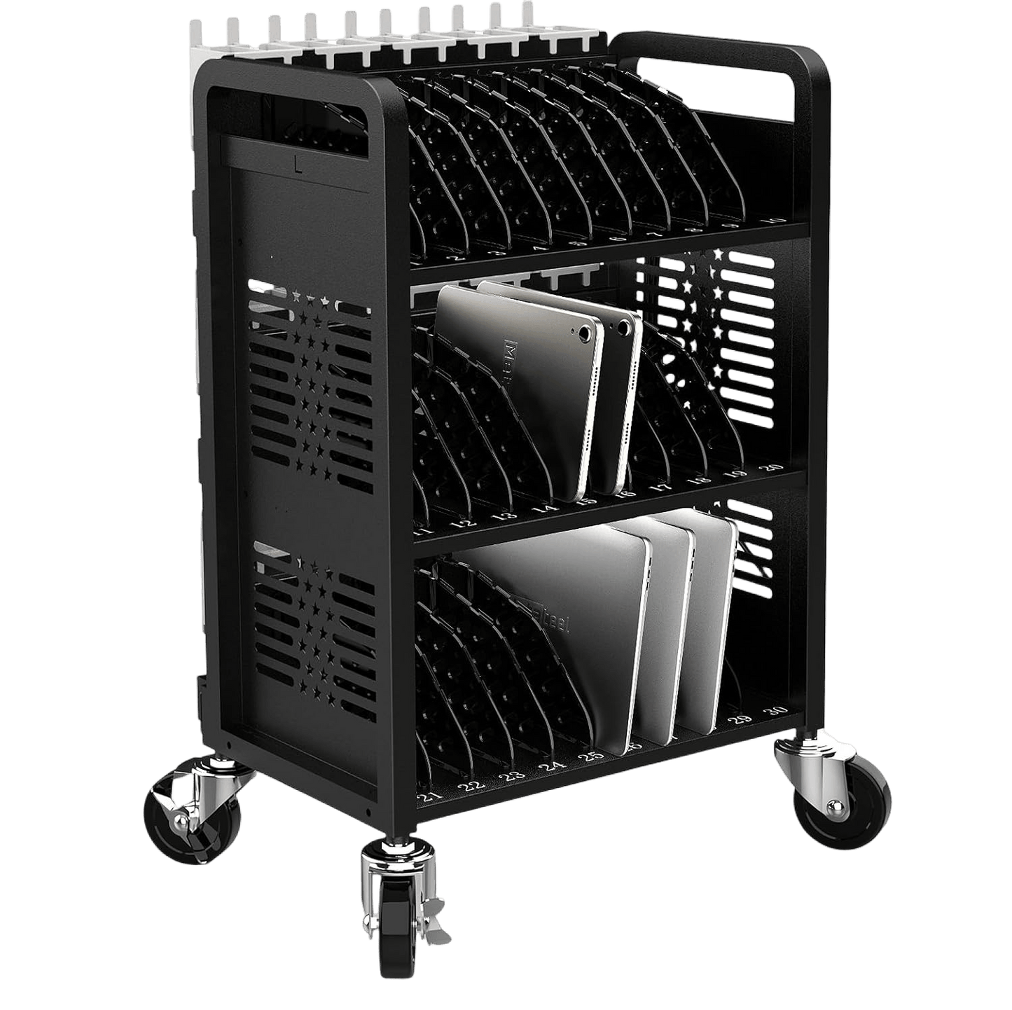30-Devices Mobile Charging Cart – Open Rack for 14-Inch Chromebooks & Tablets, Cable Management