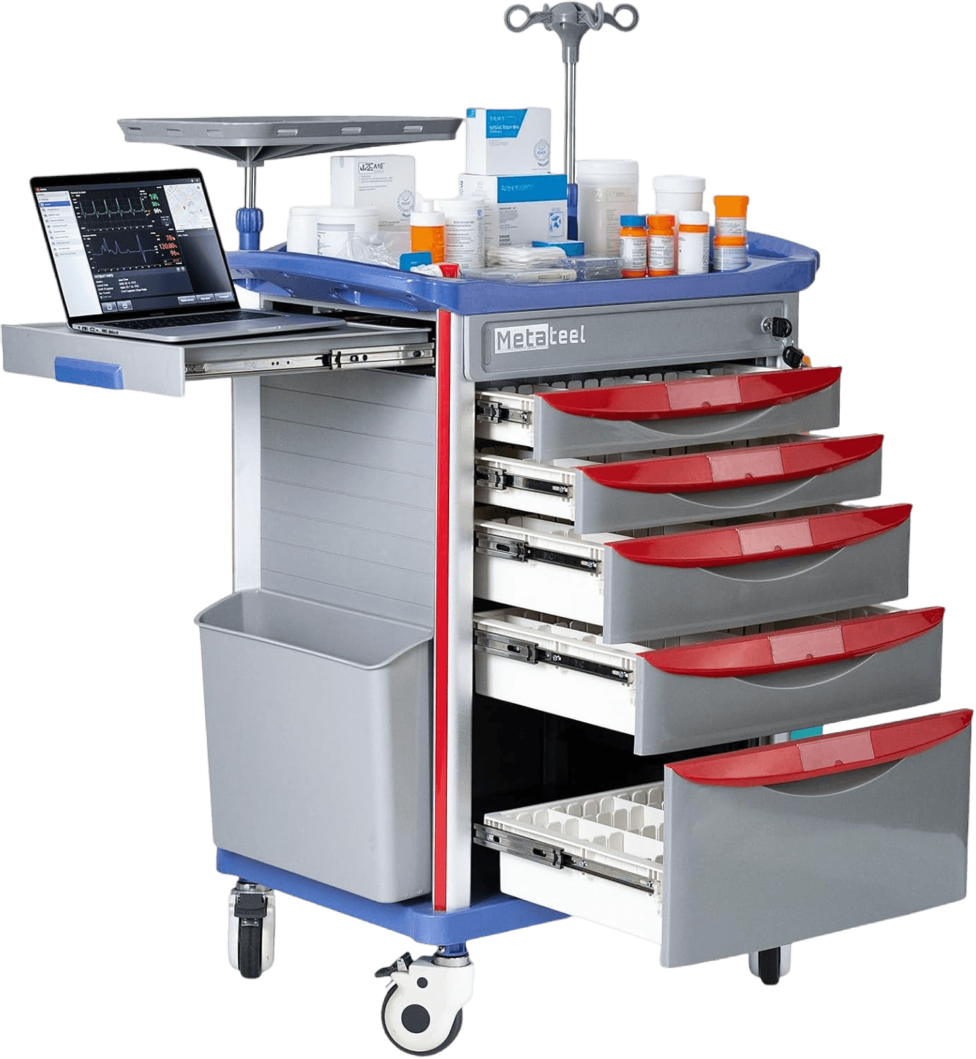Emergency Crash Cart with IV Pole, Cardiac Board, O2 Holder & Drawers – Hospital Medical Cart