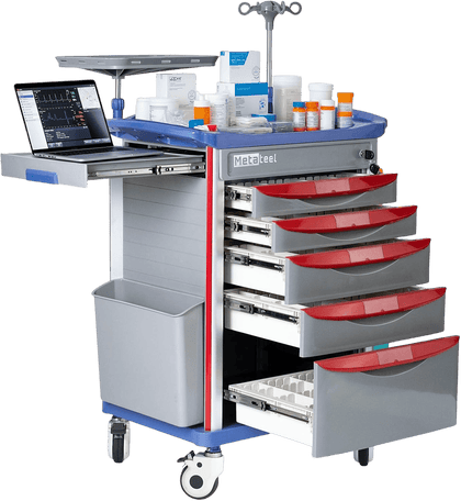 Emergency Crash Cart with IV Pole, Cardiac Board, O2 Holder & Drawers – Hospital Medical Cart