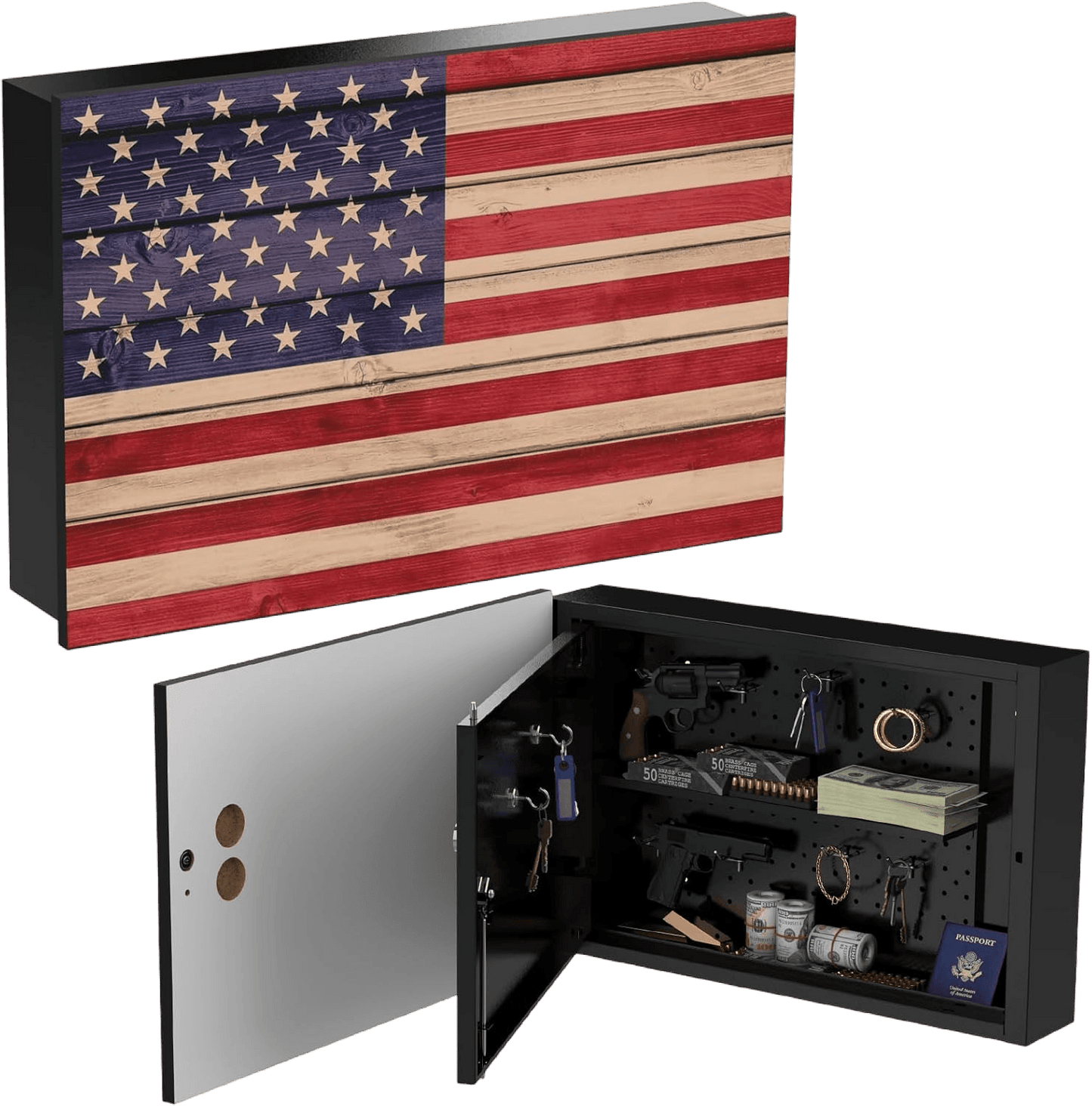 American Flag In-Wall Gun Safe – Key Lock, Magnetic Hooks & Removable Shelf