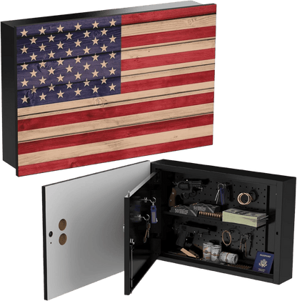 American Flag In-Wall Gun Safe – Key Lock, Magnetic Hooks & Removable Shelf