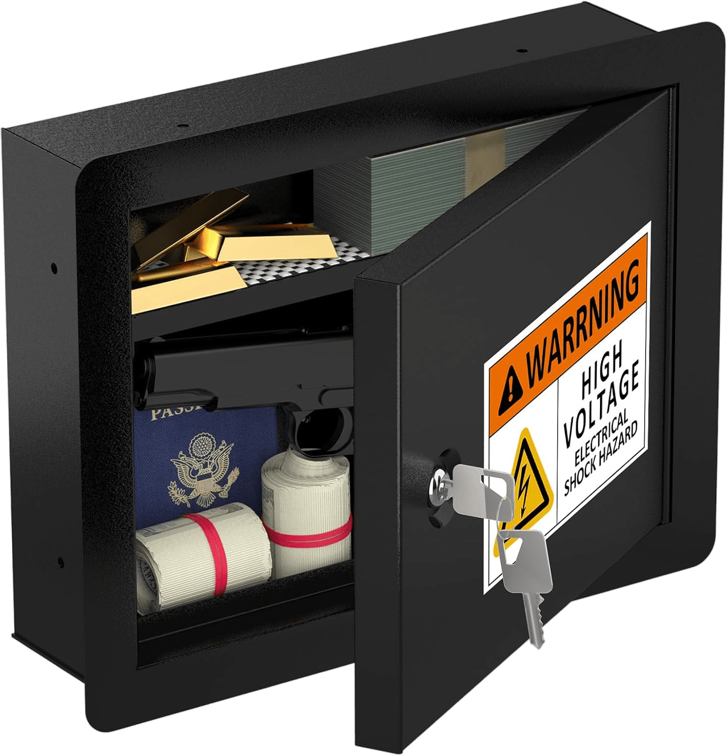 Hidden In‑Wall Safe – Keyed Recessed Lock Box, Fits 16" Studs, for Cash, Firearms & Documents (Black)