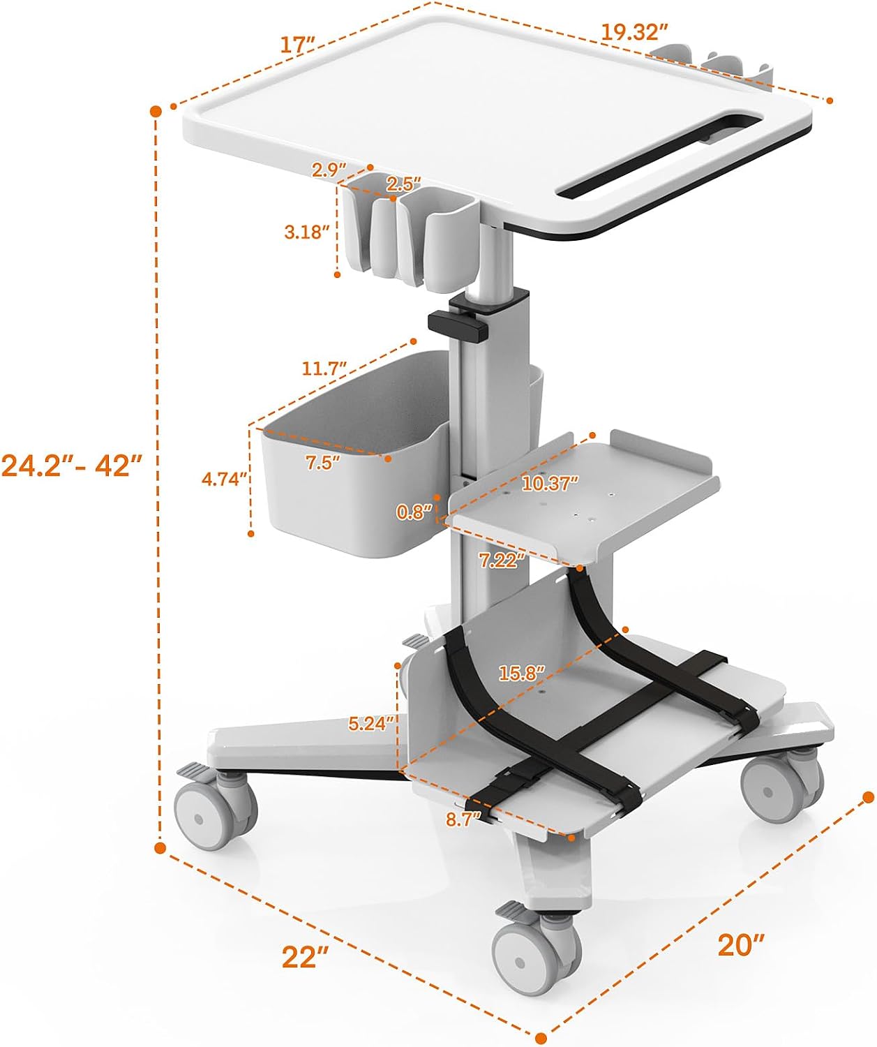 Height Adjustable Medical Cart with Scanner Holder for Dental Clinics & Medical Offices