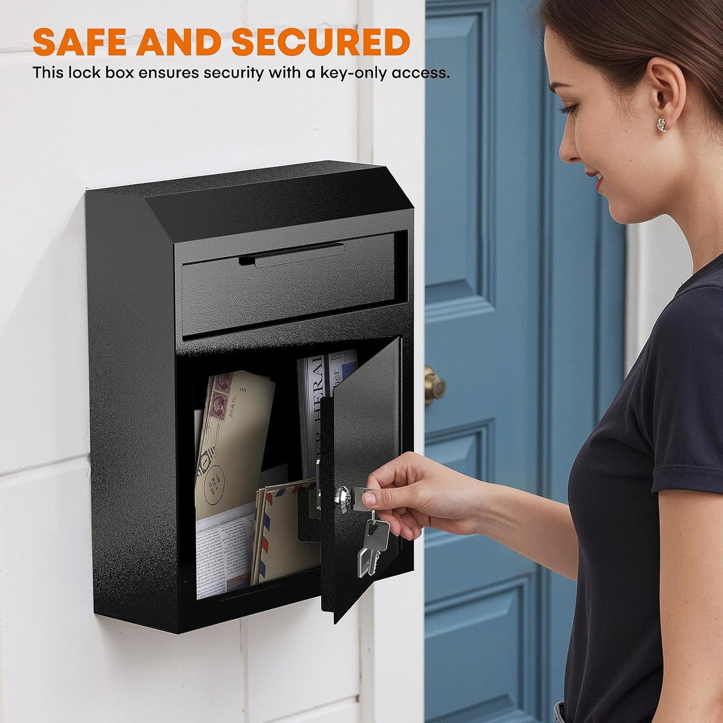 Wall‑Mount Locking Mailbox — Heavy‑Duty Key‑Drop, Anti‑Theft (Black)
