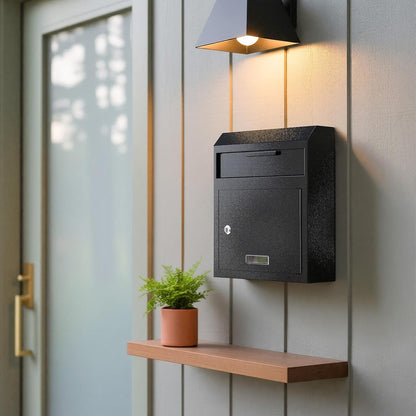 Wall‑Mount Locking Mailbox — Heavy‑Duty Key‑Drop, Anti‑Theft (Black)