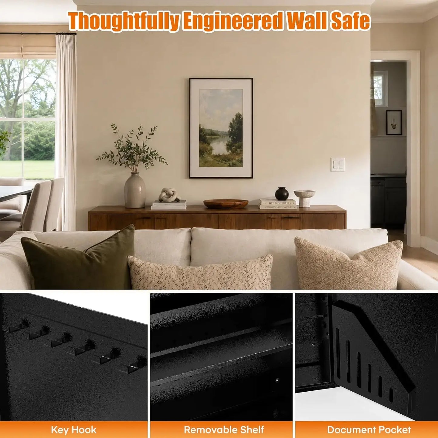Large Black Hidden Wall Safe Between 16" Studs with Digital Keypad & Backup Keys