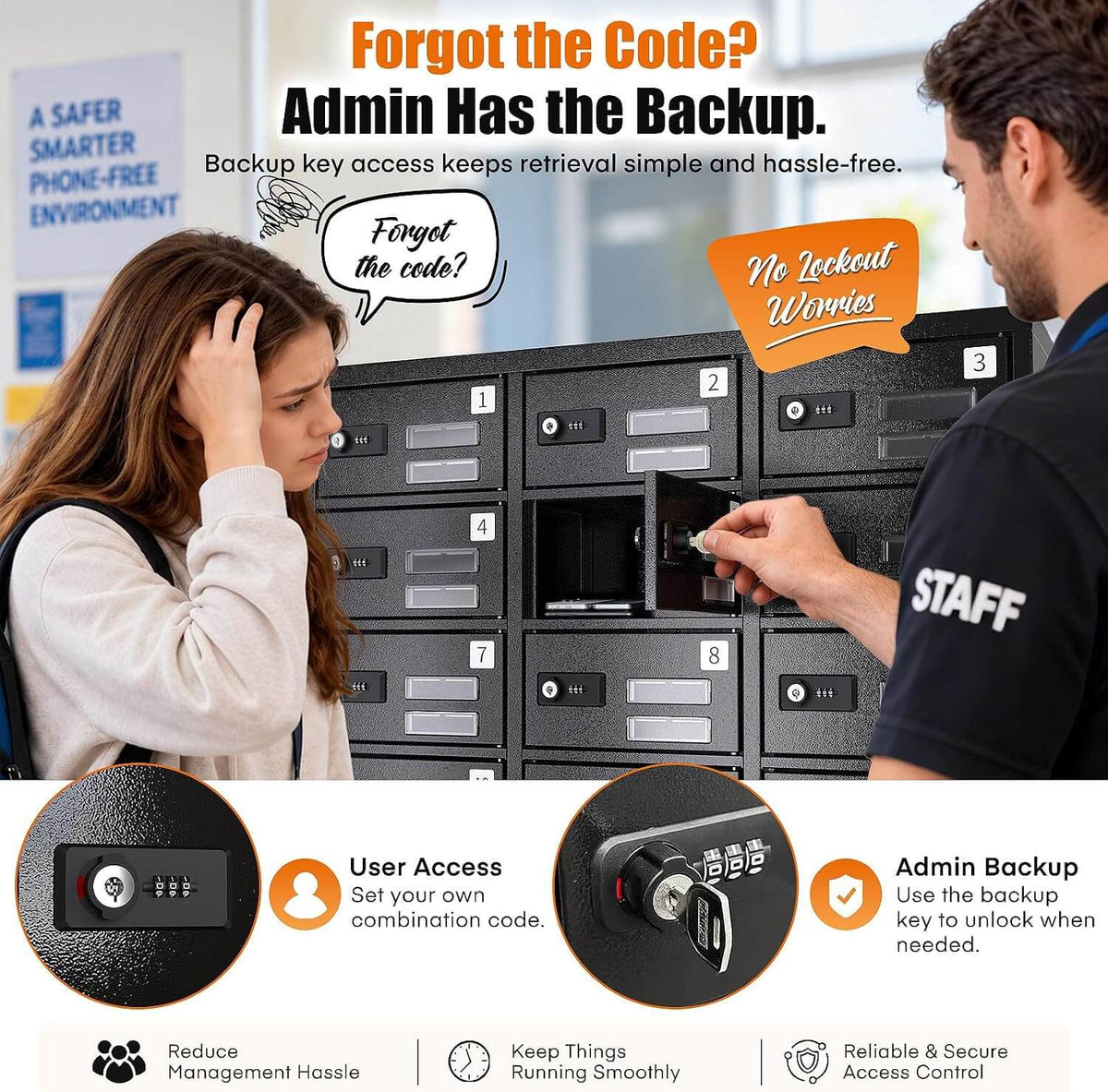 MetaTeel charging locker admin backup feature. Staff using master key to unlock a compartment when a user forgets their code. User access with 3-digit combination lock and admin backup key for hassle-free management.