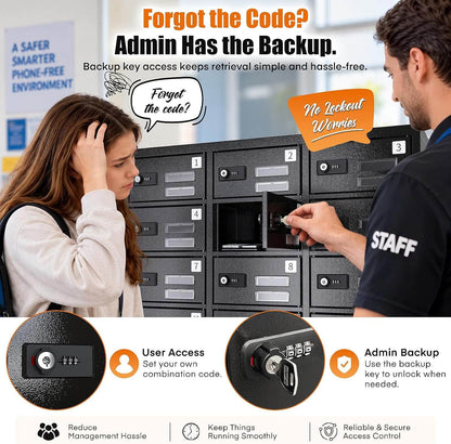 MetaTeel charging locker admin backup feature. Staff using master key to unlock a compartment when a user forgets their code. User access with 3-digit combination lock and admin backup key for hassle-free management.