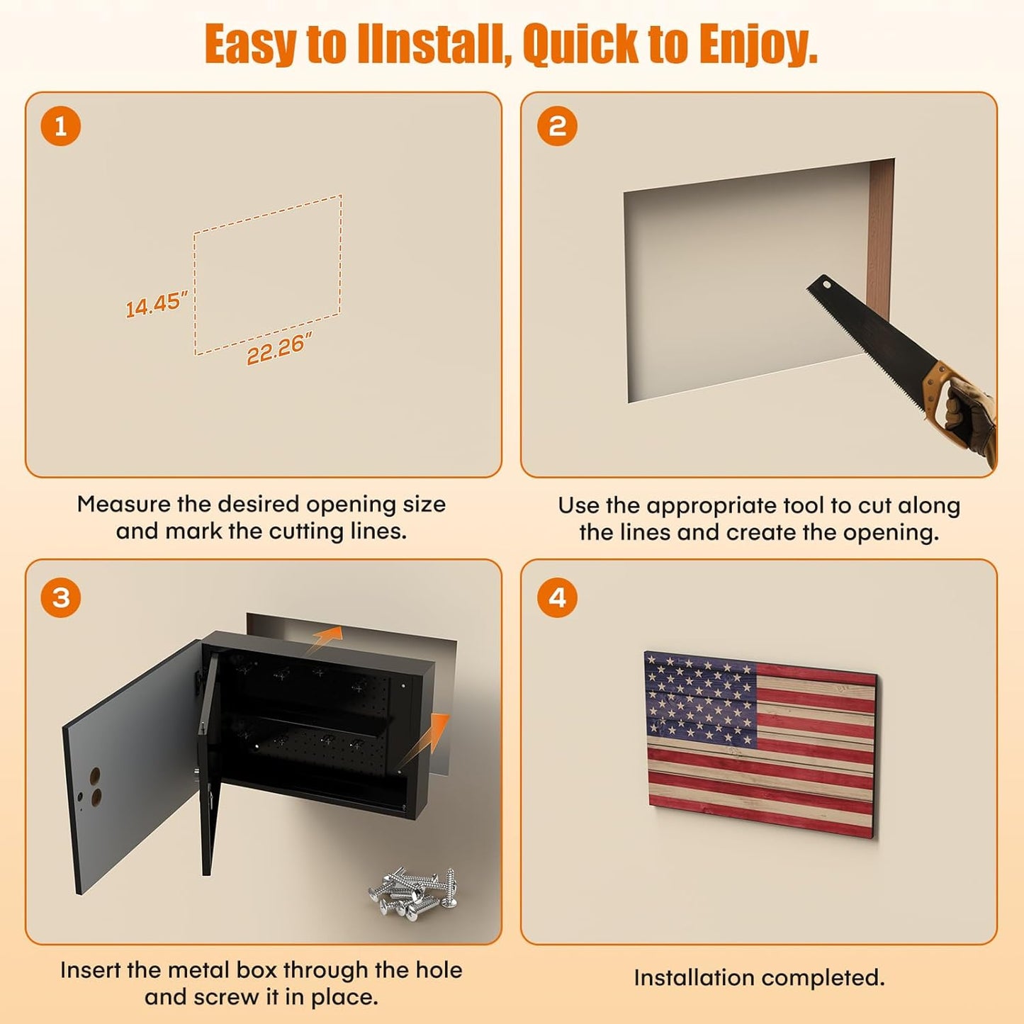 American Flag In-Wall Gun Safe – Key Lock, Magnetic Hooks & Removable Shelf