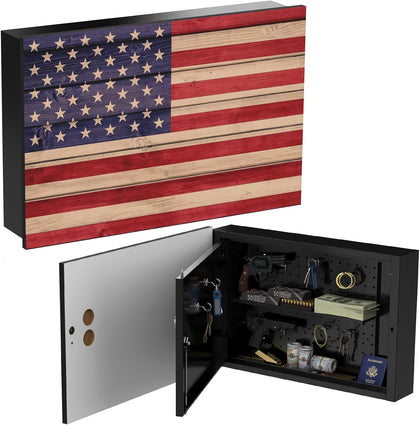 American Flag In-Wall Gun Safe – Key Lock, Magnetic Hooks & Removable Shelf