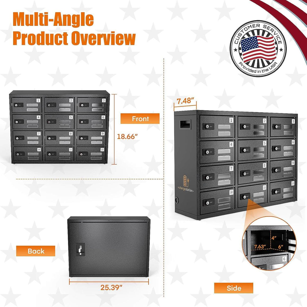 Multi-angle product overview of the MetaTeel 12-slot charging locker showing front, back, and side dimensions. Measures 25.39" wide x 18.66" high x 7.48" deep with recessed carry handles and secure admin key access.