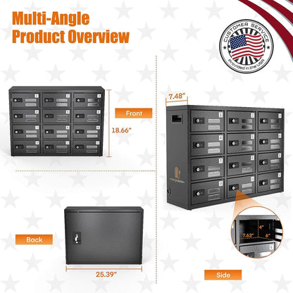 Multi-angle product overview of the MetaTeel 12-slot charging locker showing front, back, and side dimensions. Measures 25.39" wide x 18.66" high x 7.48" deep with recessed carry handles and secure admin key access.