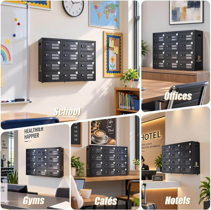 Black MetaTeel 12-slot cell phone charging locker station shown in multiple settings including schools, offices, gyms, cafes, and hotel front desks. Secure wall-mounted device storage cabinet for employees and students.