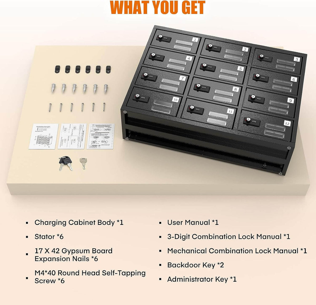 What you get with the MetaTeel charging cabinet: main locker body, 6 stators, expansion nails, self-tapping screws, 2 backdoor keys, 1 admin master key, and user manuals. Complete secure cell phone storage station package.