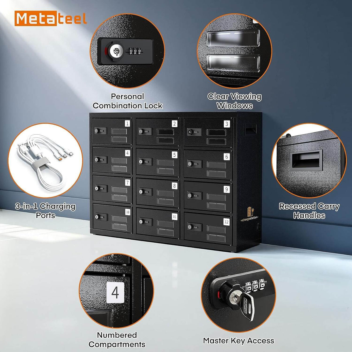 Detailed features of the MetaTeel 12-slot charging locker. Close-ups show personal combination locks, clear viewing windows, 3-in-1 charging ports, recessed carry handles, numbered compartments, and master key access for security.