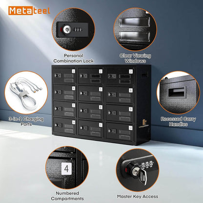 Detailed features of the MetaTeel 12-slot charging locker. Close-ups show personal combination locks, clear viewing windows, 3-in-1 charging ports, recessed carry handles, numbered compartments, and master key access for security.