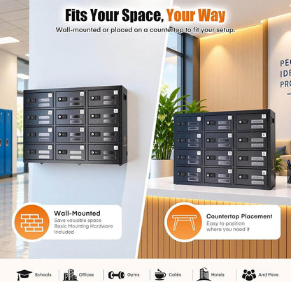 Flexible installation options for MetaTeel charging locker: wall-mounted to save space with included hardware, or placed on a countertop for easy access. Perfect for schools, offices, gyms, cafes, and hotels.