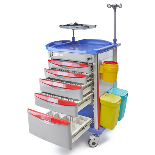 M-ET-01 - Crash Cart with Emergency Accessory - Cardiac Board, IV Pole, O2 Holder, Power Strip, Trash Bin, Drawers with Dividers, Lite Emergency Hospital Crash Cart for Hospitals and Clinics