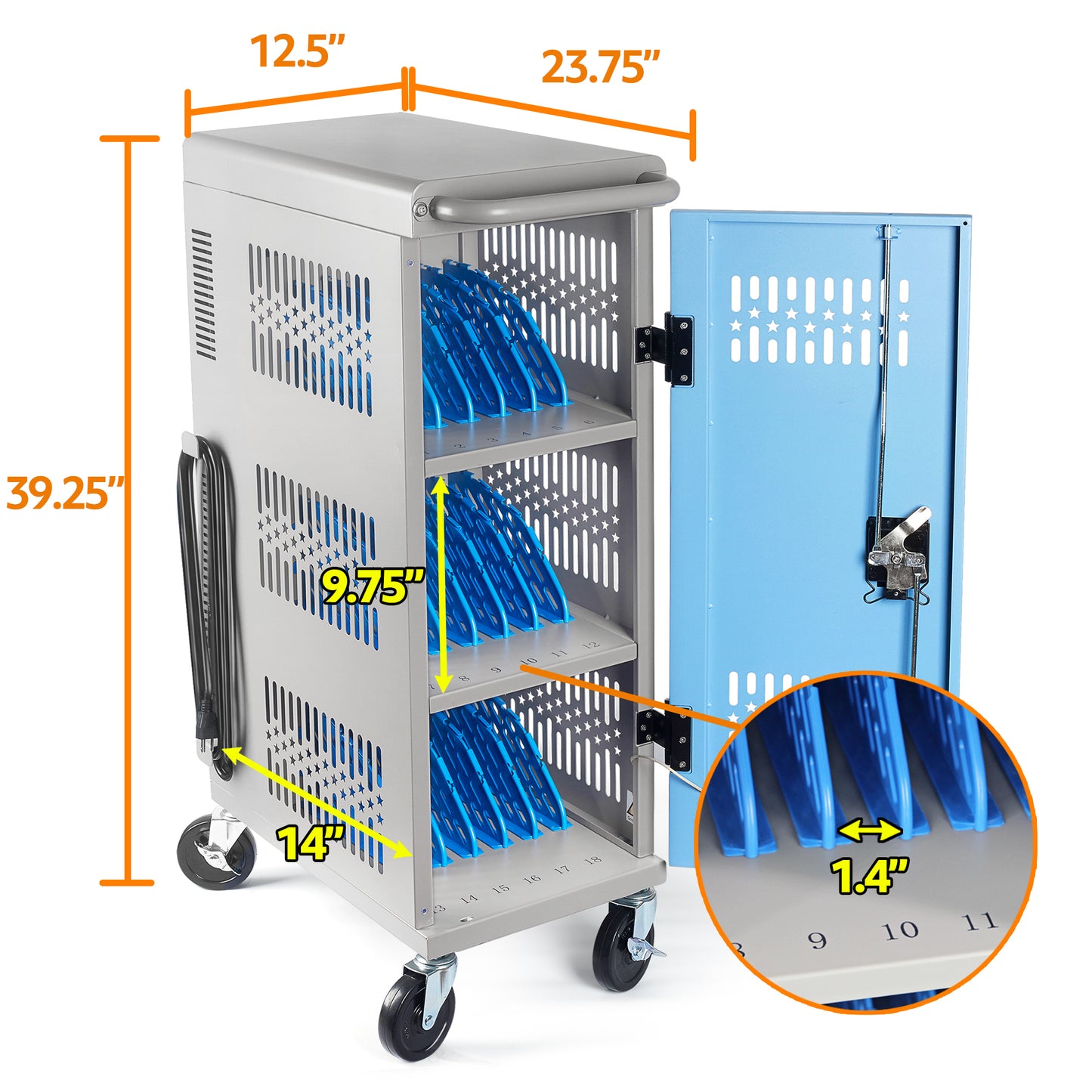 M-C18-T - Fully Assembled 18 Bay Heavy-Duty Metal Mobile Charging and Storage Cart for iPad,Chromebook and Laptop Computer Up to 14-inch Screen Size with Key Locks, Charger and Cable Organization,Grey